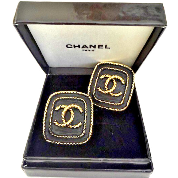 RARE VINTAGE CHANEL PIERCED Earrings BOX Black Gold Square Coco CC AUTHENTIC COA - Picture 1 of 16